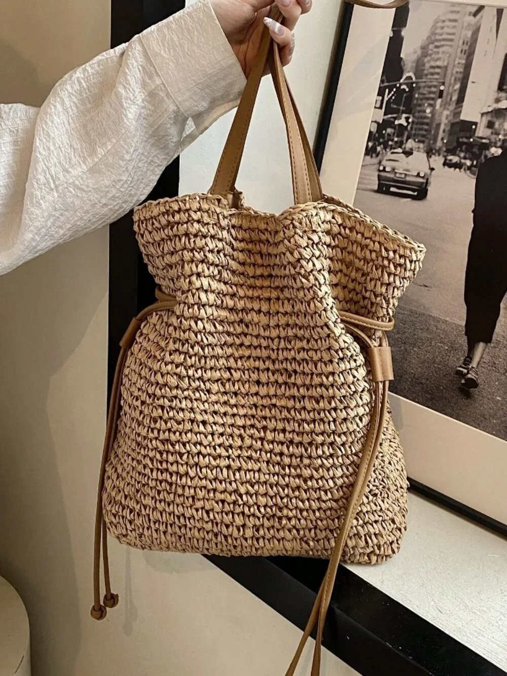 Khaki Casual Women's Straw Tote Bag – Large Capacity Holiday Travel Shoulder Bag